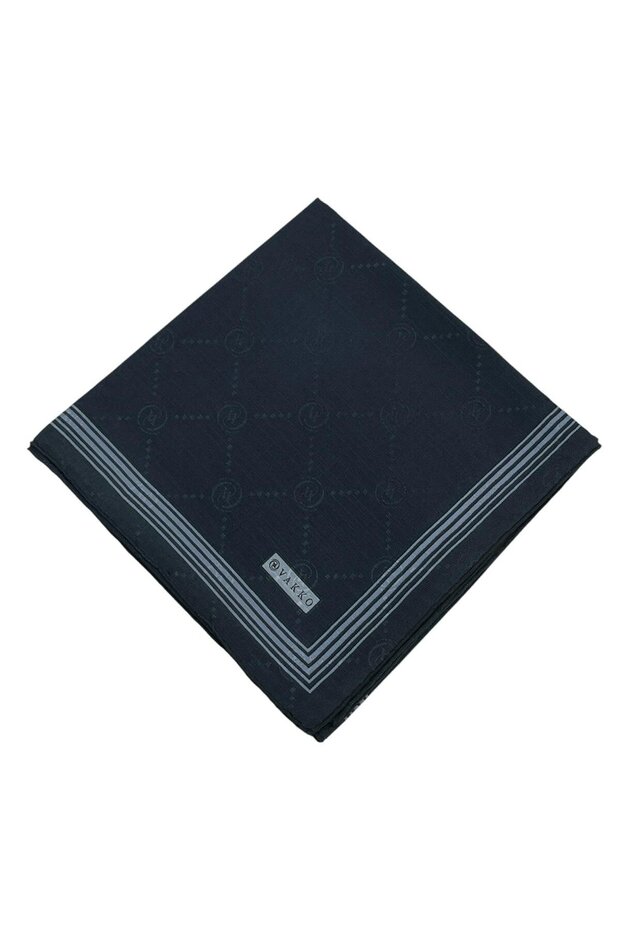 Cotton Silk Scarf - Monogram with Border - Dark Navy