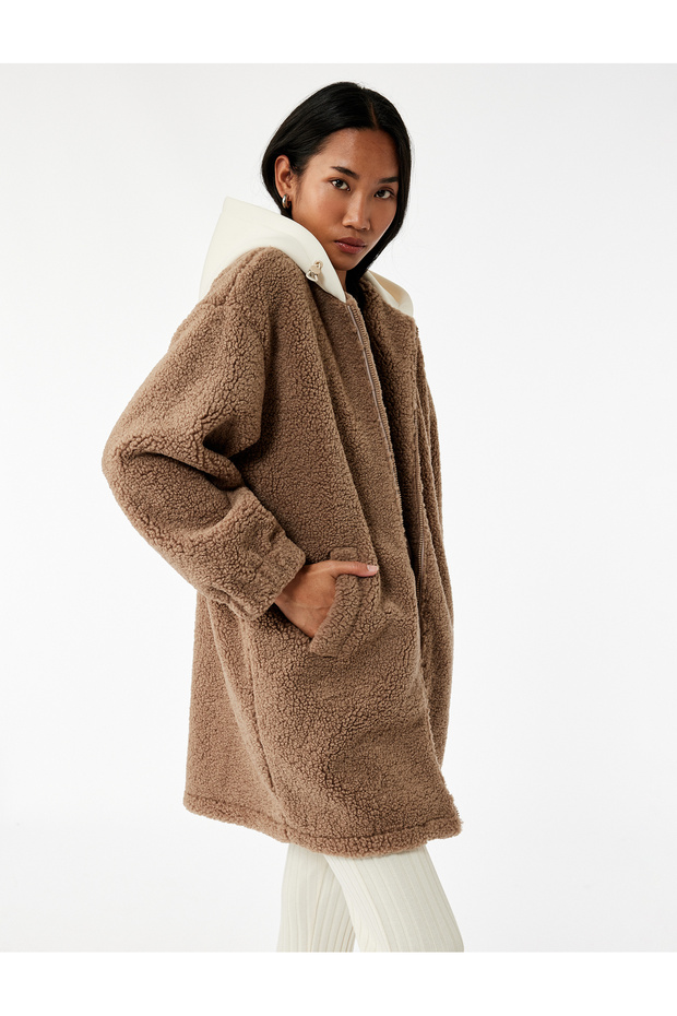 Long Sleeve Zippered Hooded Oversized Plush Coat