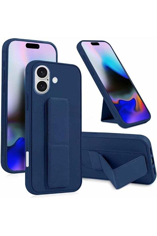 غطاء حماية خلفي أزرق داكن مع حامل للإصبع متوافق مع iPhone 16 Plus