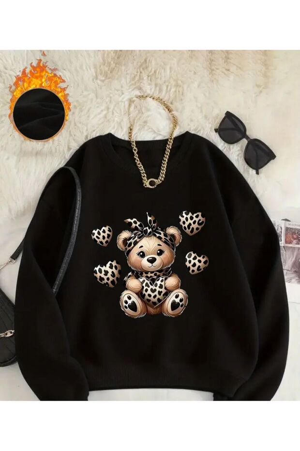 Cute Teddy Bear Print Detailed Crew Neck Sweatshirt