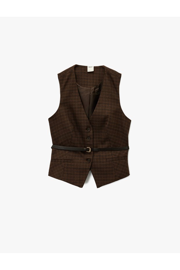 Buttoned Sleeveless V-Neck Belt Detailed Plaid Vest
