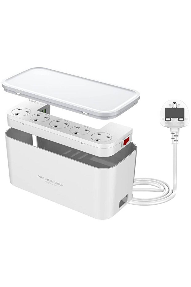 Extension Lead with 5 Outlets & 3 USB, Cable Management Box, 2m, White