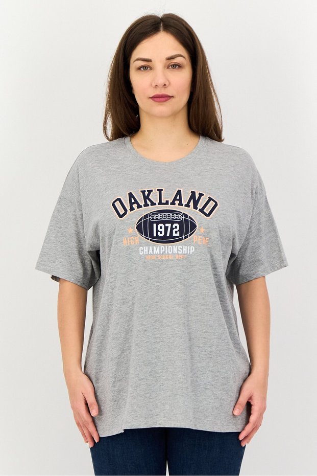Women Crew Neck Short Sleeve Graphic Print T-Shirt, Light Grey