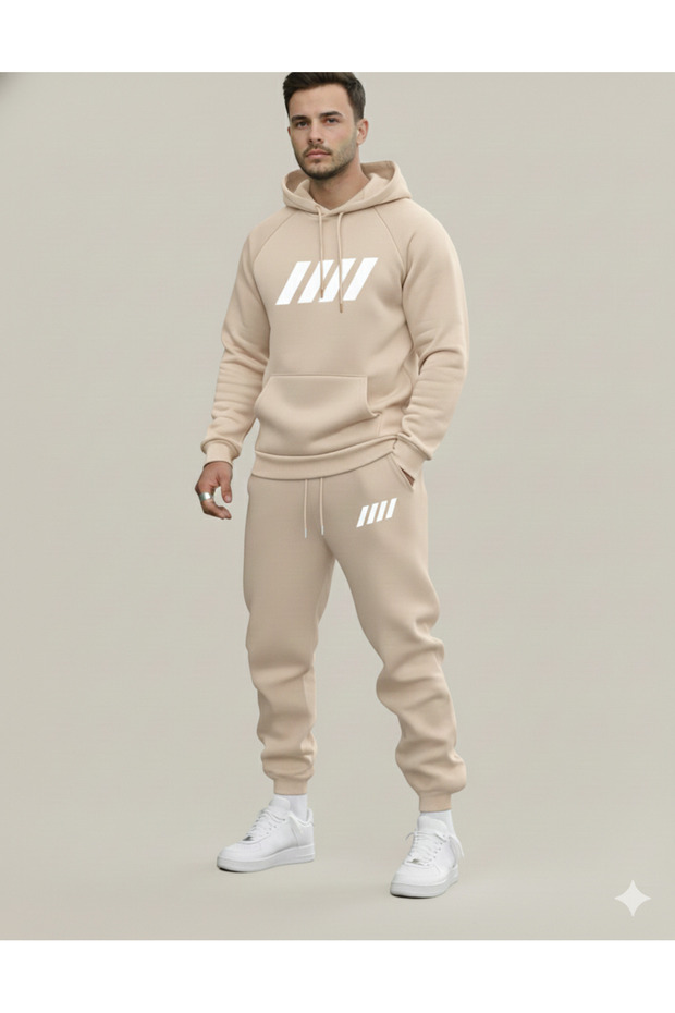 Three-Thread Compact Hooded Cotton-Lined Four-Striped Printed Premium Oversized Tracksuit Set