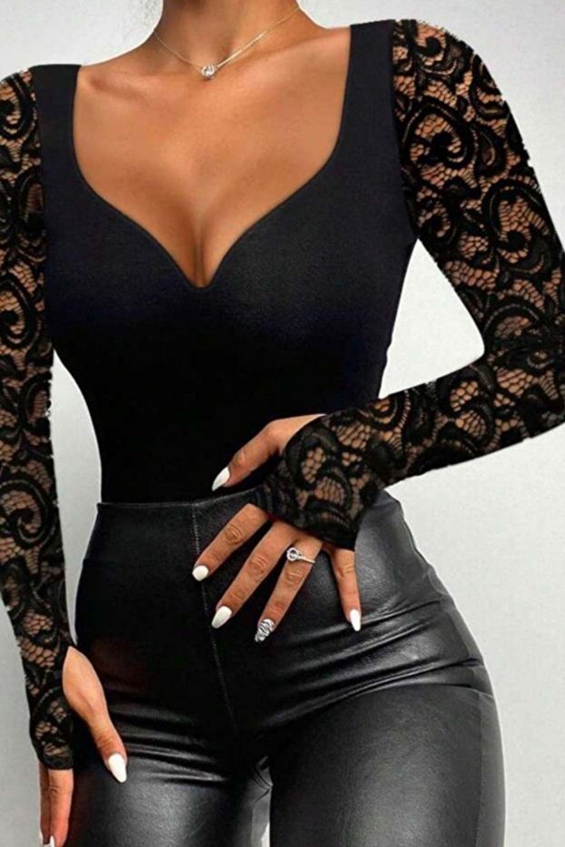 Kalp Yaka Dantelli Dalgıç Bluz - 3