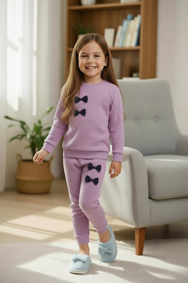 Bow Detail Cotton Girls' Two-Piece Set