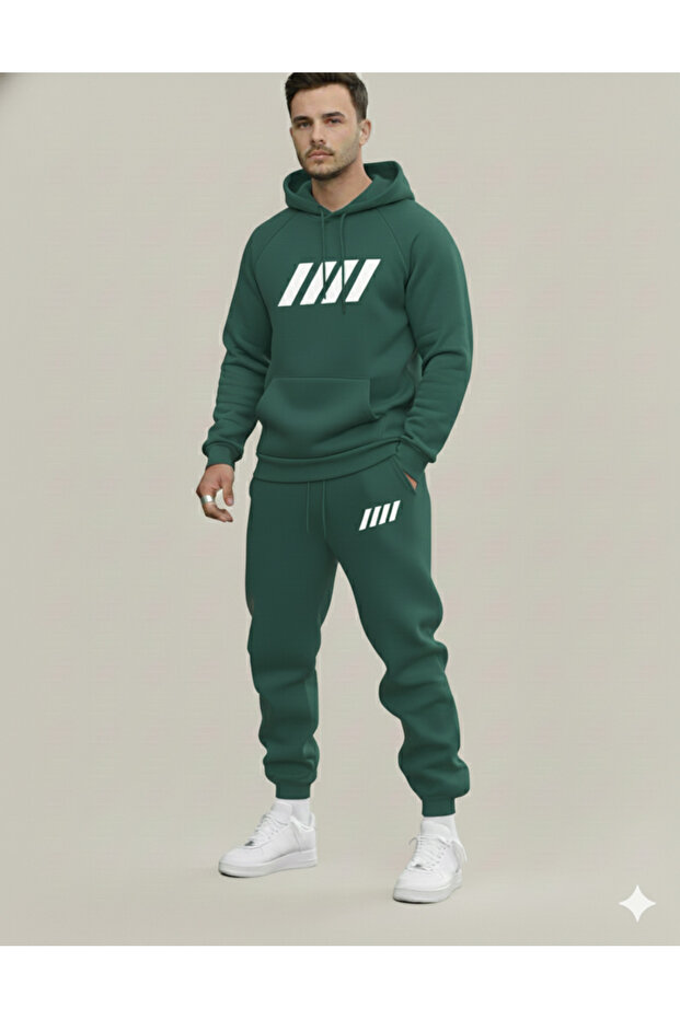 Three-Thread Compact Hooded Cotton-Lined Four-Striped Printed Premium Oversized Tracksuit Set
