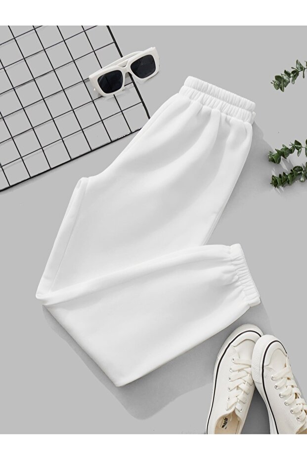 Unisex White Elasticated Leggings Sweatpants 100% Cotton 3 Thread
