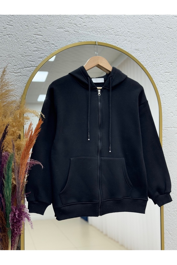 Deletta Hooded Zippered Kangaroo Pocket Three-String Cardigan-Ci2008 Black