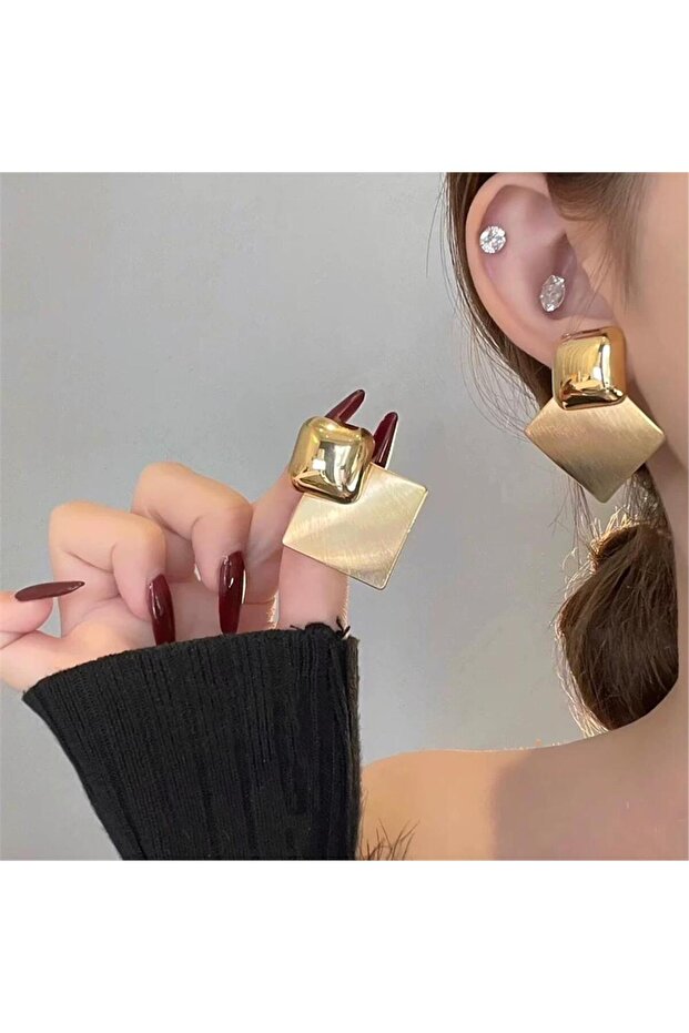 Gold Square Plate and Domed Metal Earrings