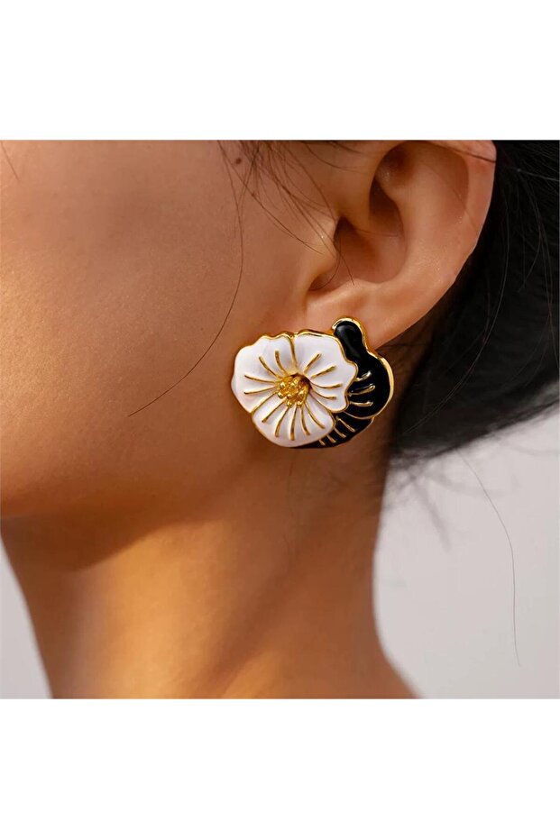 Black and White Enamel Gold Framed Large Flower Earrings