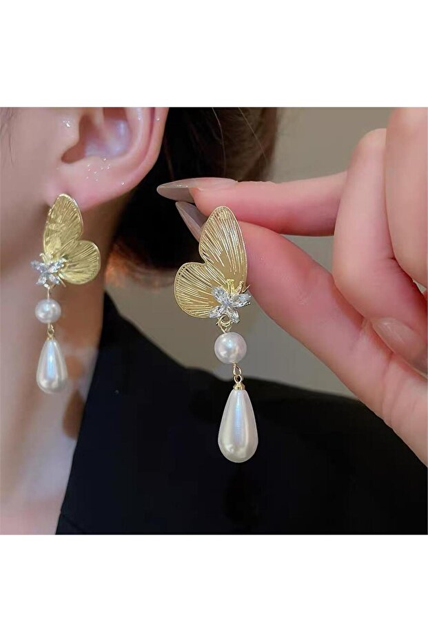 Gold Butterfly Figured Drop Pearl Detailed Evening Dress Earrings