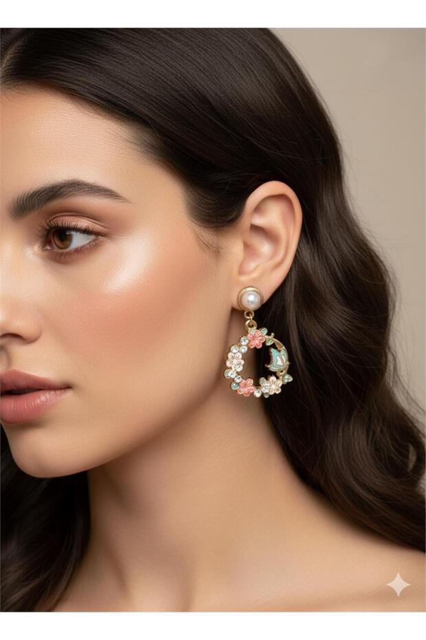 Blue Butterfly and Flower Wreath with Pearls Stone Hoop Earrings