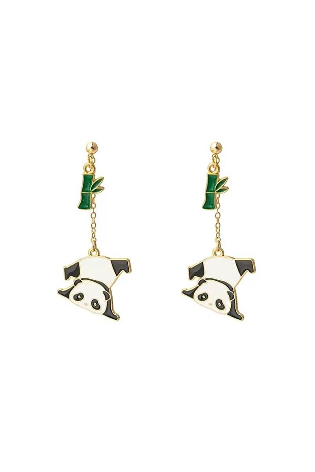 Cute Panda Climbing a Bamboo Tree Chain Dangle Earrings