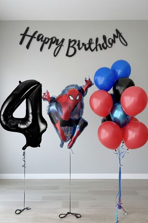 4 Year Old Giant Black Number Balloon Spider-Man Birthday Balloon Set Superhero Themed Economical Set