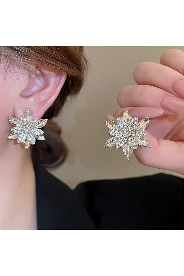 Transparent White Crystal Stone Snowball Flower Earrings