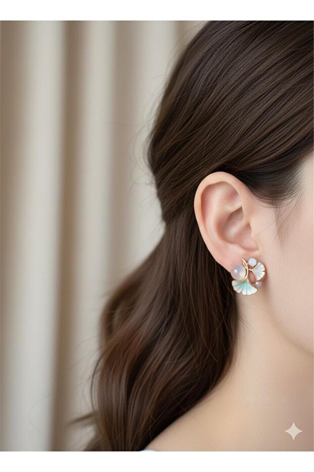 Water Green Enamel Fan and Natural Stone Earrings