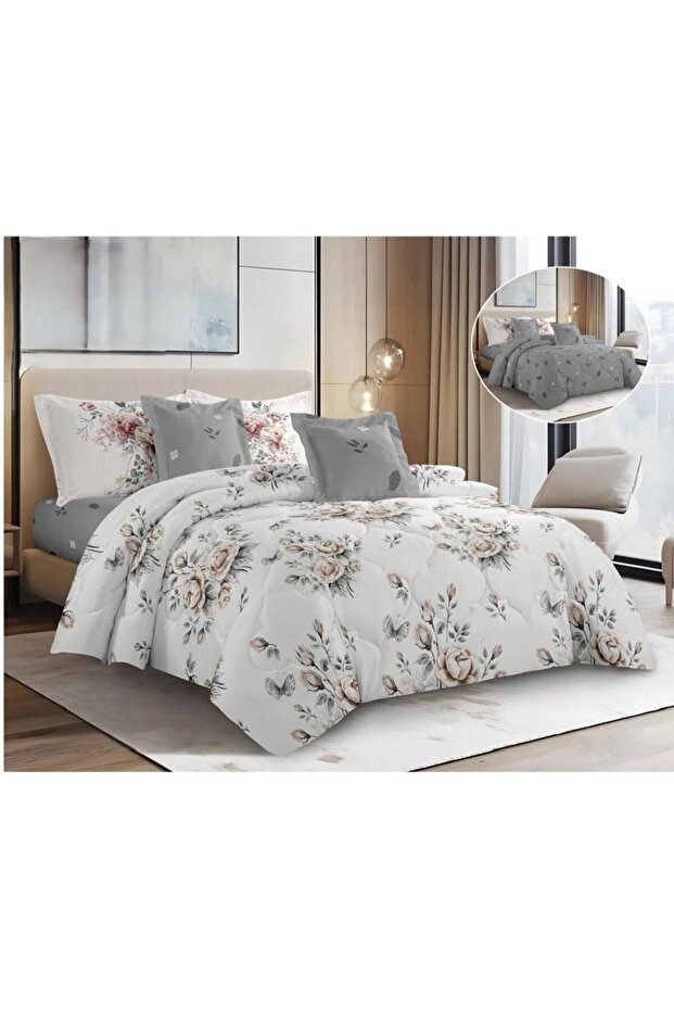 مفرش صيفي وجهين سادة ومشجر- 4 قطع - نفر ونص