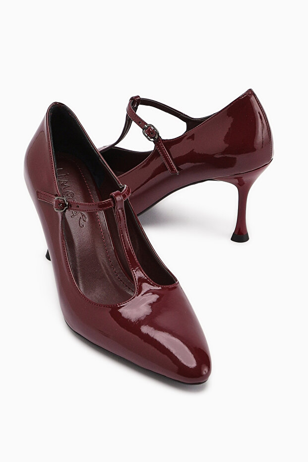 Sania Burgundy Patent Leather Belted Thin Heeled Women's Shoes