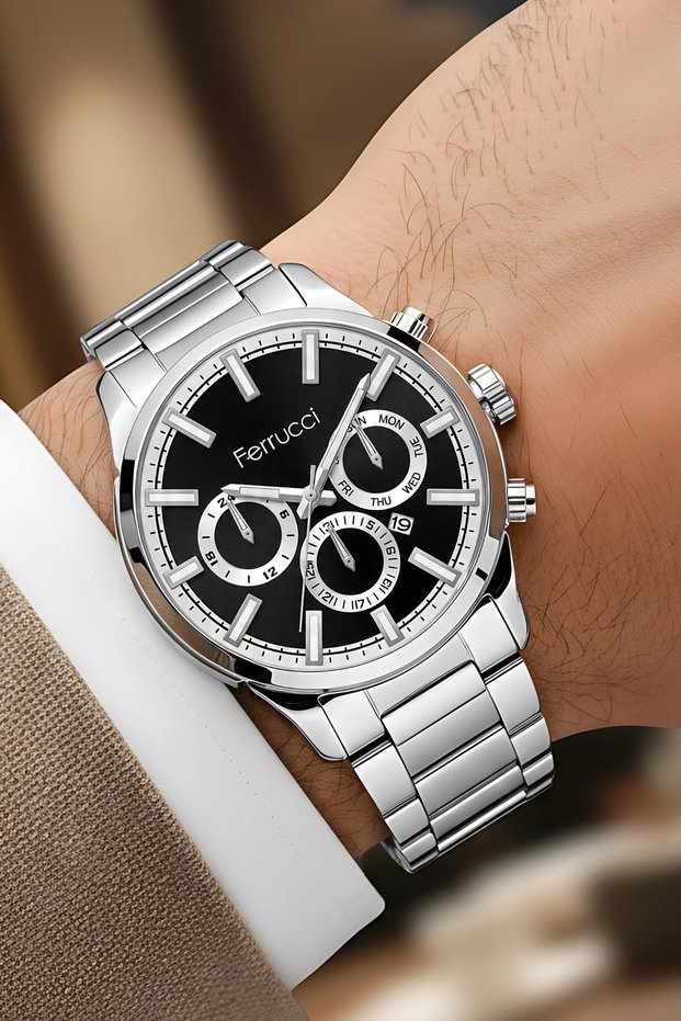 Men's Wristwatch with Calendar Steel Case & Steel Strap Silver-Black Zmfer213