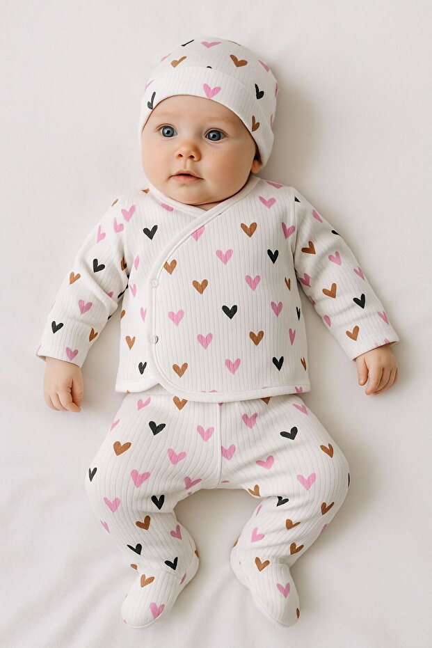 3-Piece Heart Patterned Beret Baby Girl Newborn Bodysuit Set