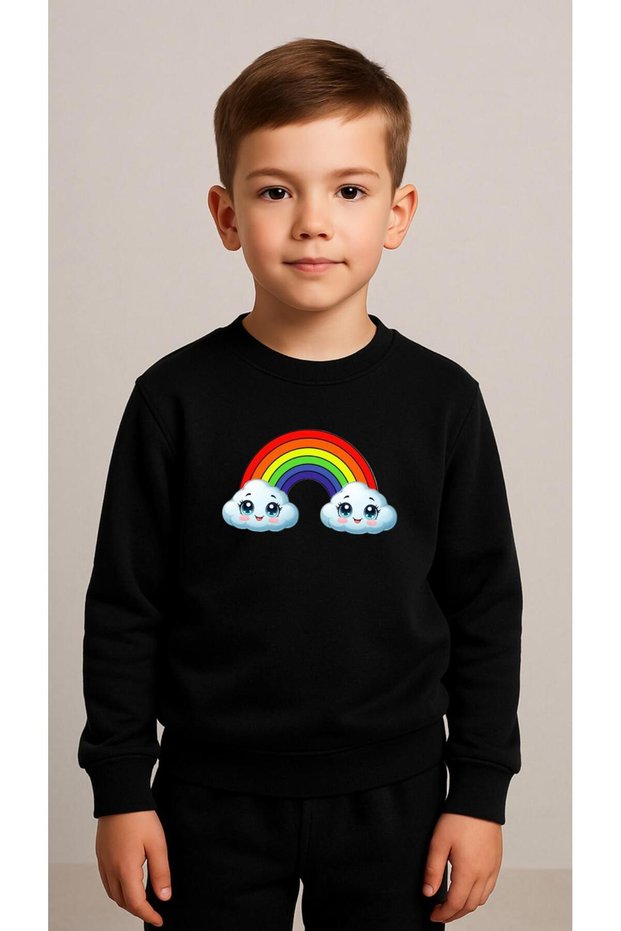 Children's Team Sweatshirt Sky Rainbow Printed Girls Boys Crew Neck3 4-5-6-7-8-9-10-11-12Years