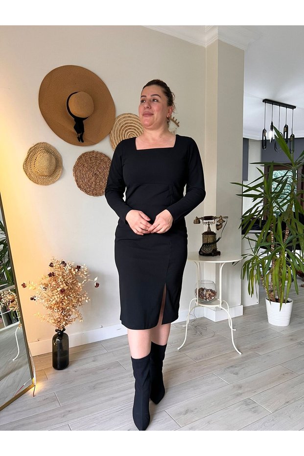 Square Neck Midi Length Crepe Fabric Pencil Dress