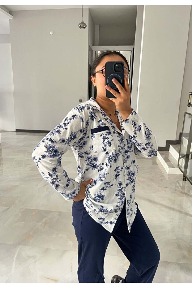 طقم بيجامة قطنية بنفسجية بأزرار أمامية - 3