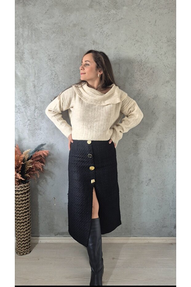 Gold Düğmeli Tüvit Etek - 4