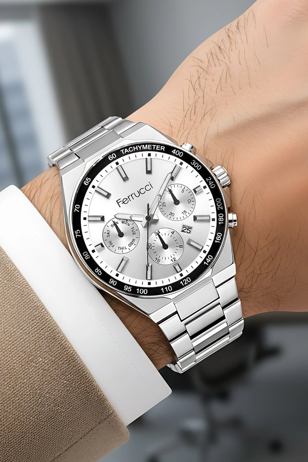 Men's Wristwatch with Calendar Steel Case & Steel Band Silver-White Color Zmfer215