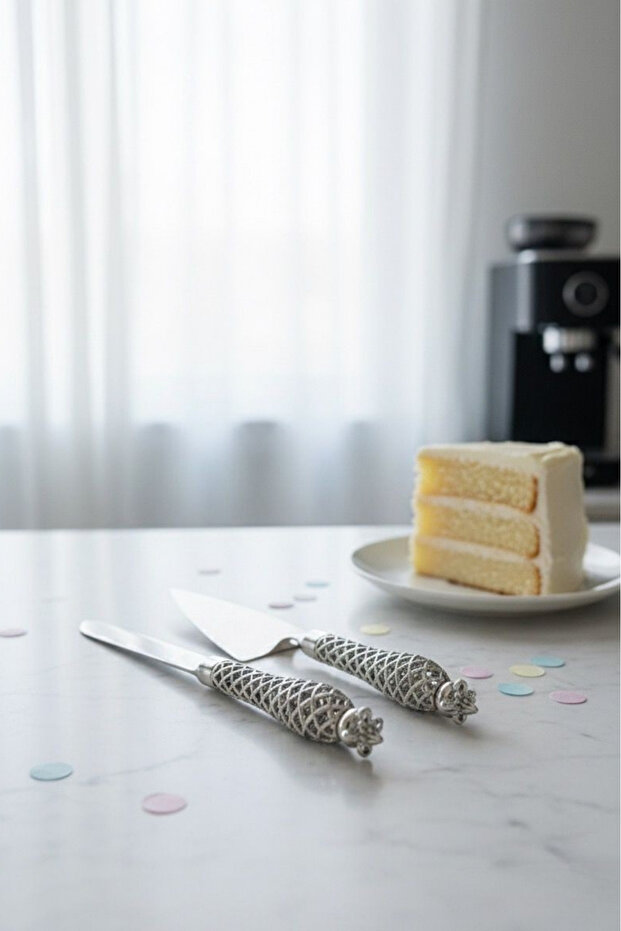 طقم سكاكين تقديم الكيك منقوشة مكونة من قطعتين باللون الفضي - 2