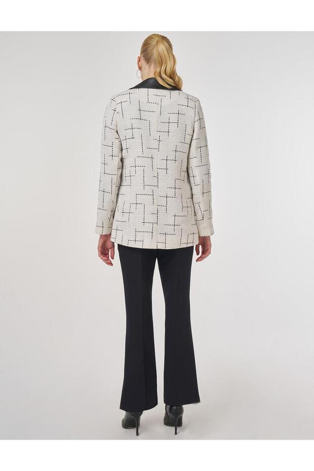 Leather Collar Patterned Jacket Ecru - 5