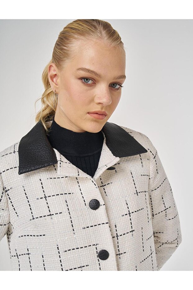 Leather Collar Patterned Jacket Ecru - 7