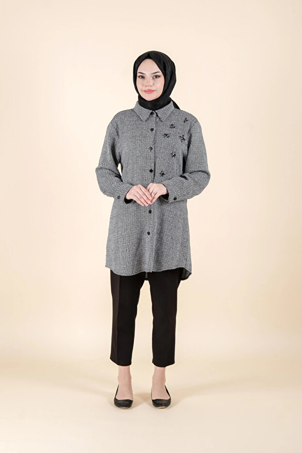 Desenli önden düğmeli sedna gömlek siyah 1045 - 3