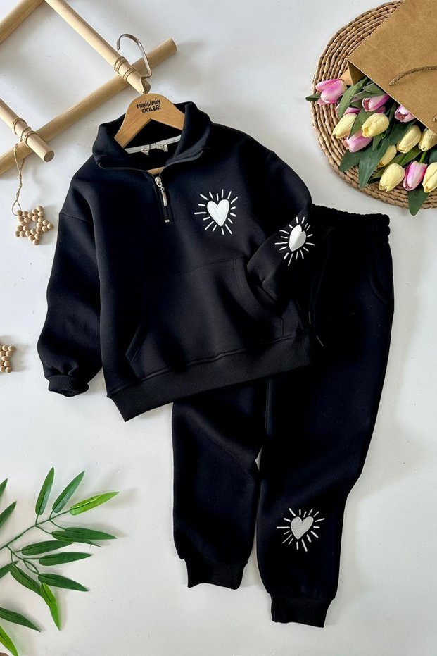 My Little One's Winter Kangaroo Pocket Girl's Suit with Heart Embroidery Detail - Black