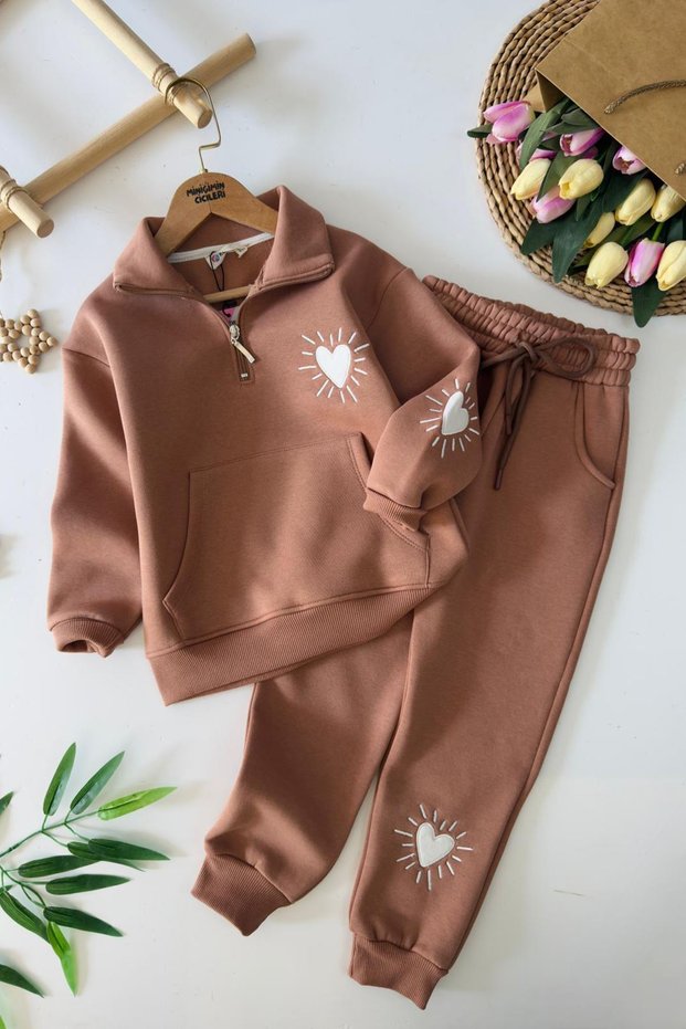 My Little Girl's Winter Set with Heart Embroidery Detail and Kangaroo Pocket - Brown