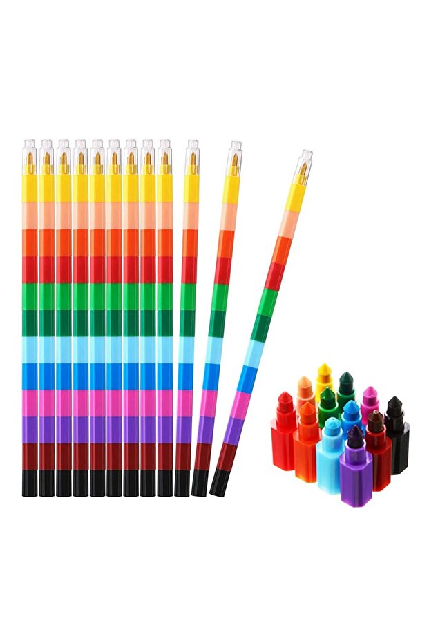 أقلام تلوين قابلة للتكديس، 12 قطعة، قابلة للبناء وملونة - 1