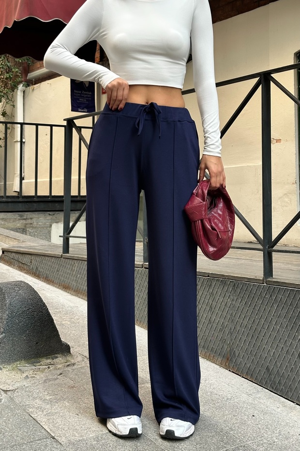 Women's Navy Blue Ribbed Detailed Soft Modal Textured Straight Cut Trousers