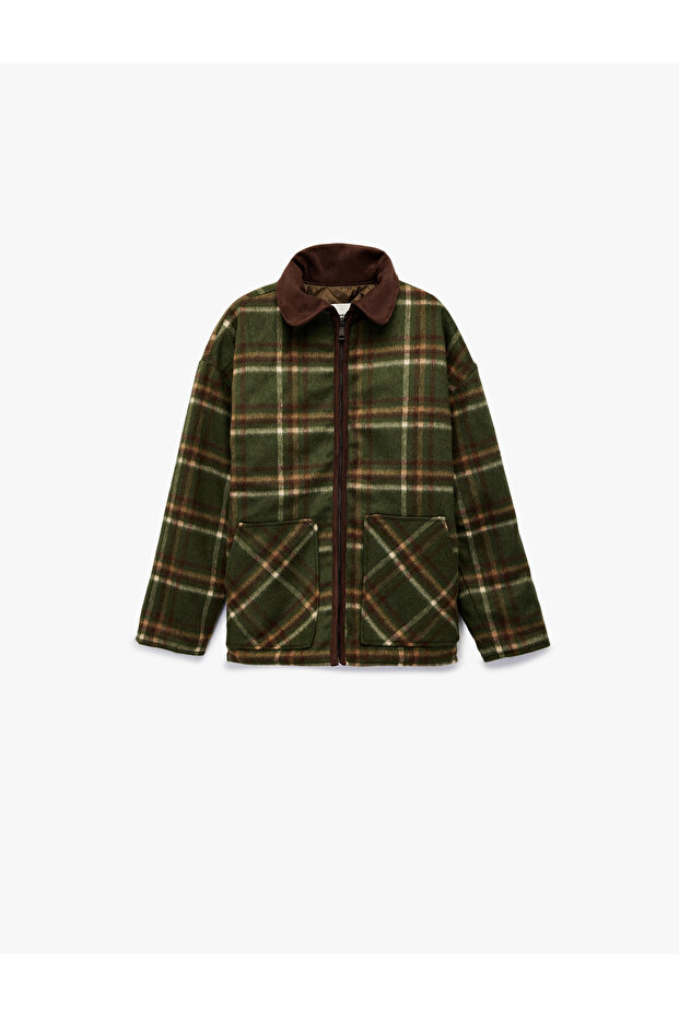 Classic Collar Plaid Jacket with Zippered Pockets