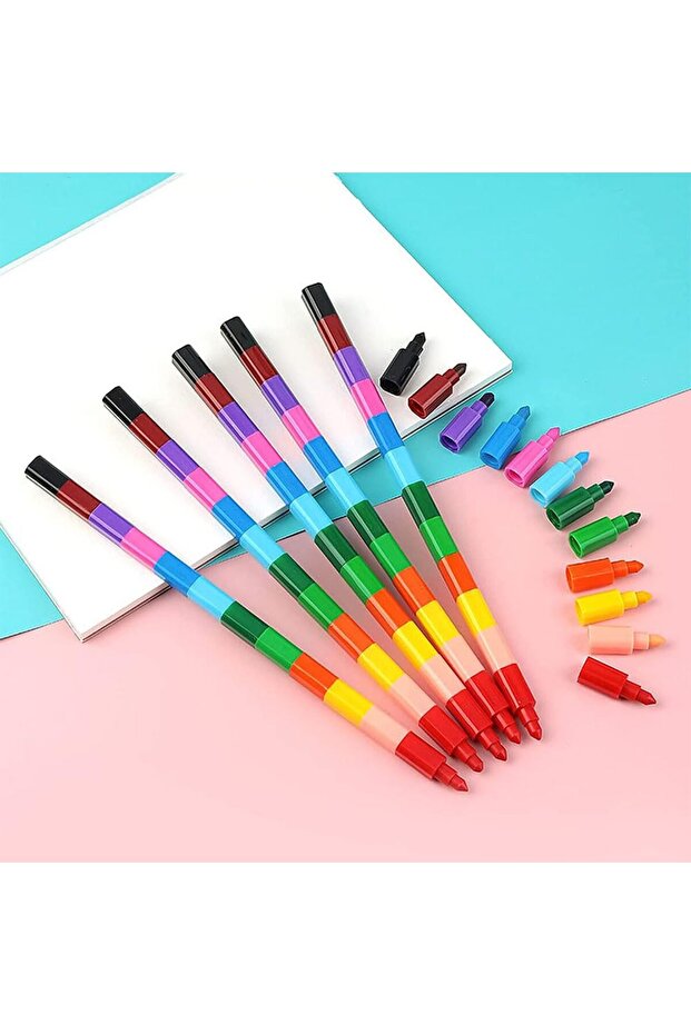 أقلام تلوين قابلة للتكديس، 12 قطعة، قابلة للبناء وملونة - 7