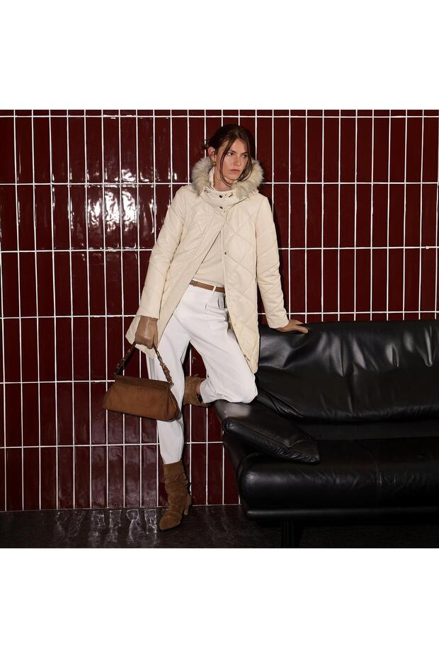 Women's Cream Hakim Collar Hooded Leather Coat