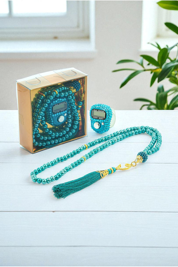 Gift Stone Zikirmatik and 99 Pearl Prayer Beads Set with Box - Petrol