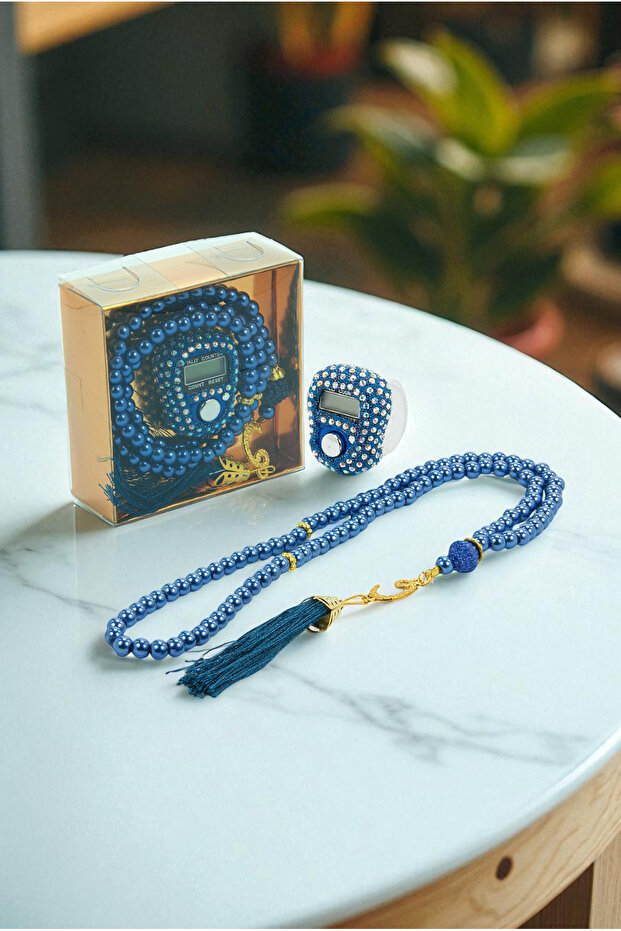Gift Stone Zikirmatik and 99 Pearl Prayer Beads Set in Box - Navy Blue