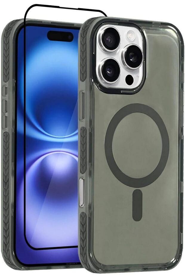 iPhone 16 Pro Max Hard PC Polycarbonate Shockproof Case (Grey Case + 1 Glass)