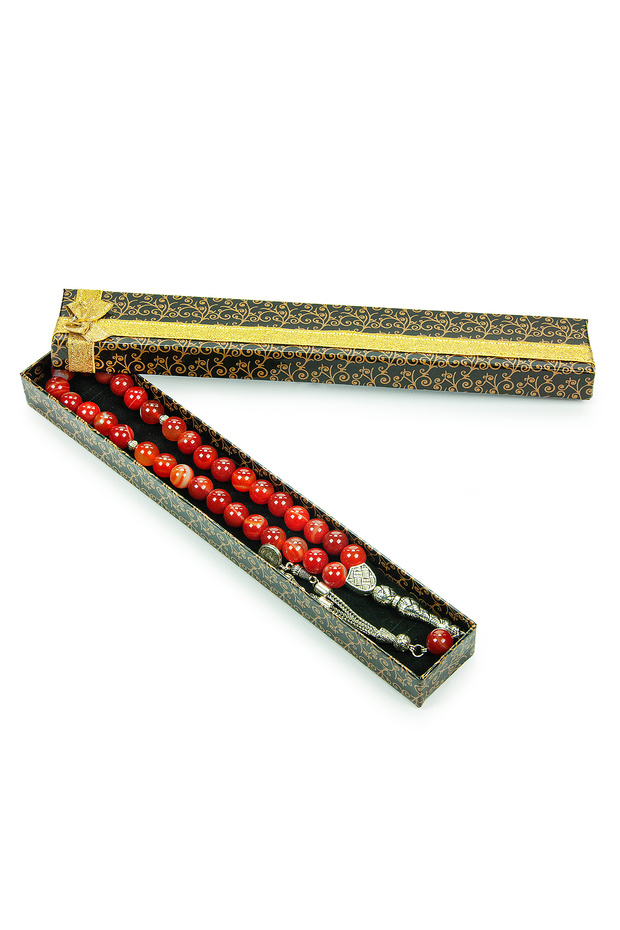 Metal Ottoman Tughra Tasseled Red Agate Natural Stone Gift Prayer Beads - 33 Pieces - Sphere Cut