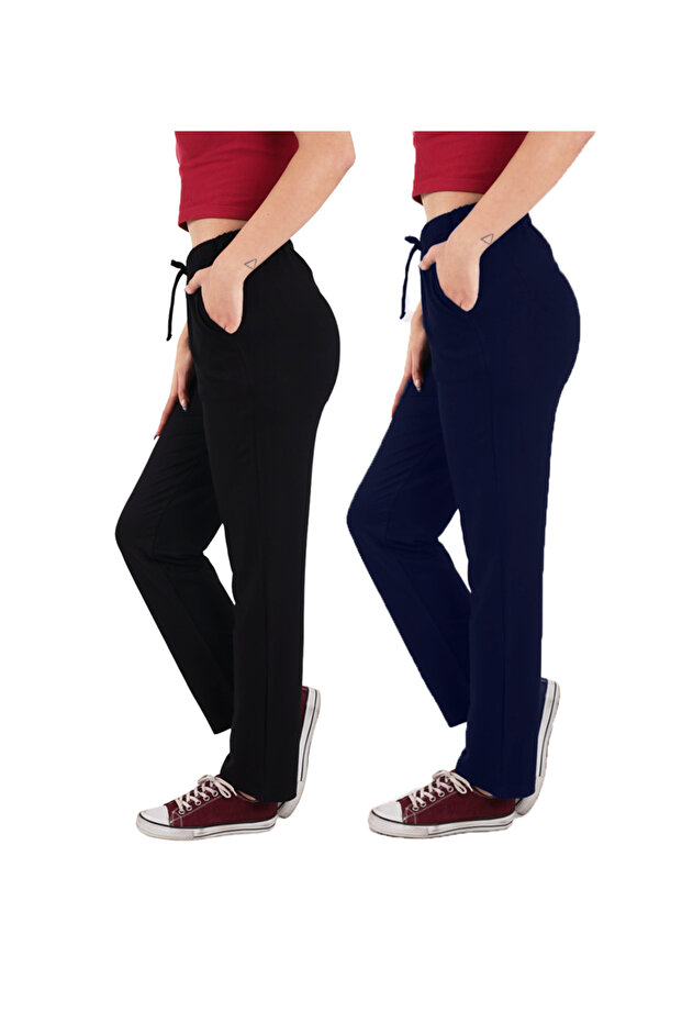 Women's Viscose Fabric 2-Pack Black/Navy Blue Sweatpants (with Plus Size Option)