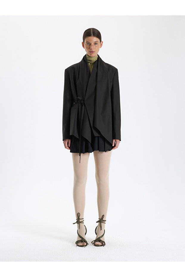 Haki Kuşaklı Drapeli Ceket - 1