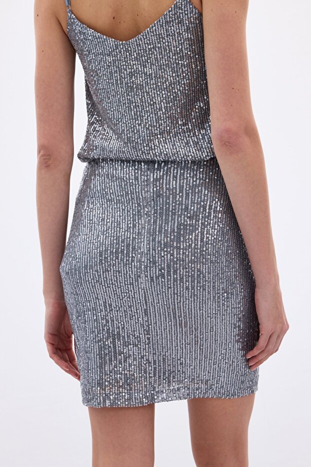 Payetli Mini Etek - Gri - 9
