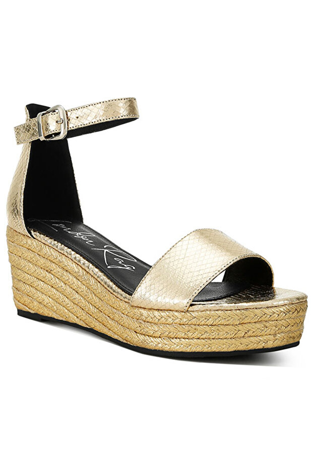 Women Faux Leather Snake Wedge Espadrilles in Gold