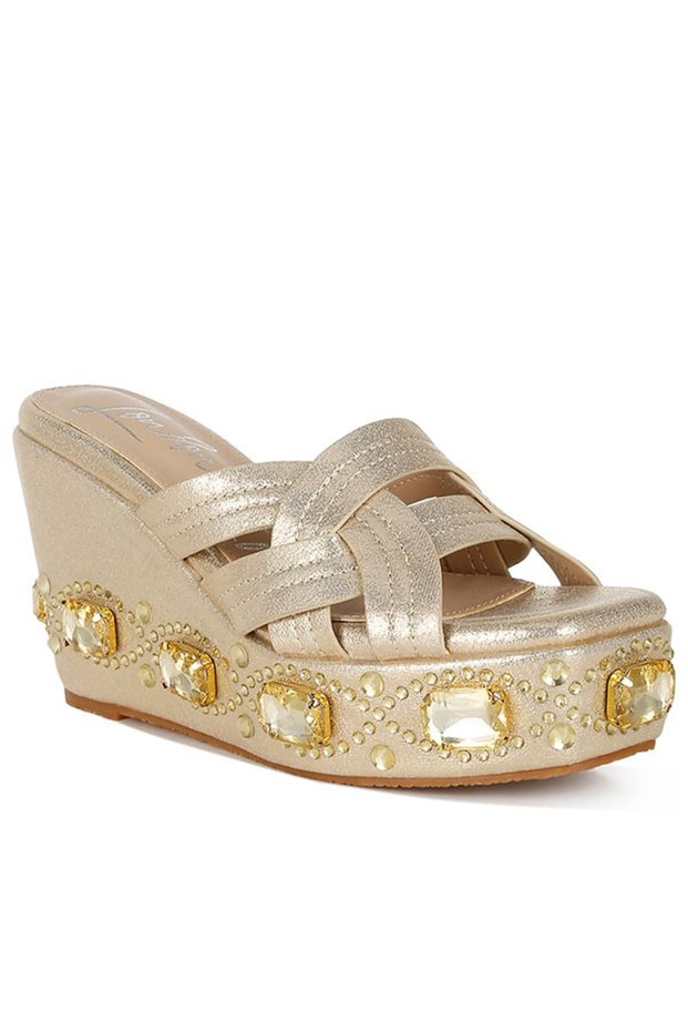 Women Chunky Diamante & Rhinestone Cut-Out Sandals in Gold